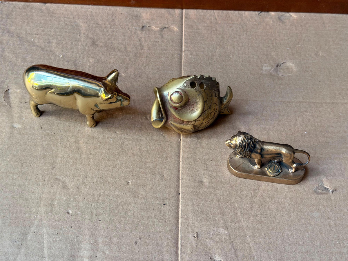 Vintage Brass Animal Figurine Set Pig Fish Lions Club Lion Statue Paperweight 3