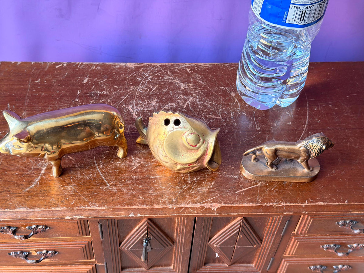 Vintage Brass Animal Figurine Set Pig Fish Lions Club Lion Statue Paperweight 3