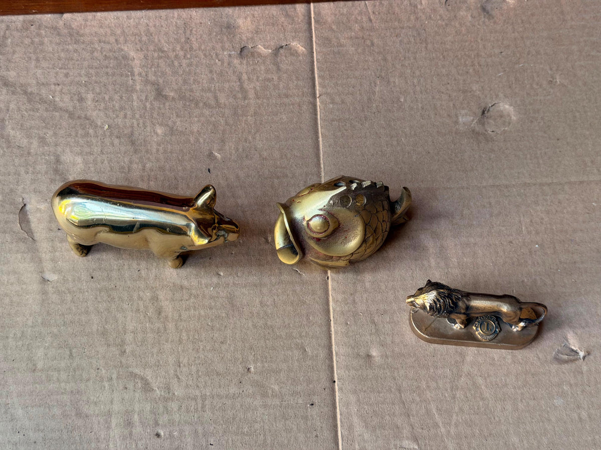 Vintage Brass Animal Figurine Set Pig Fish Lions Club Lion Statue Paperweight 3
