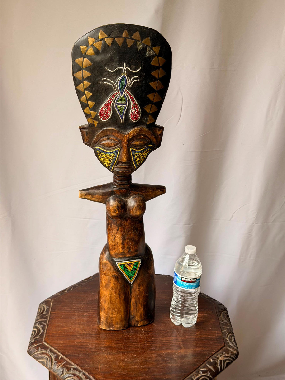 Vintage Large Ashanti Akua'ba Beaded Wood Figure West African Art 27"