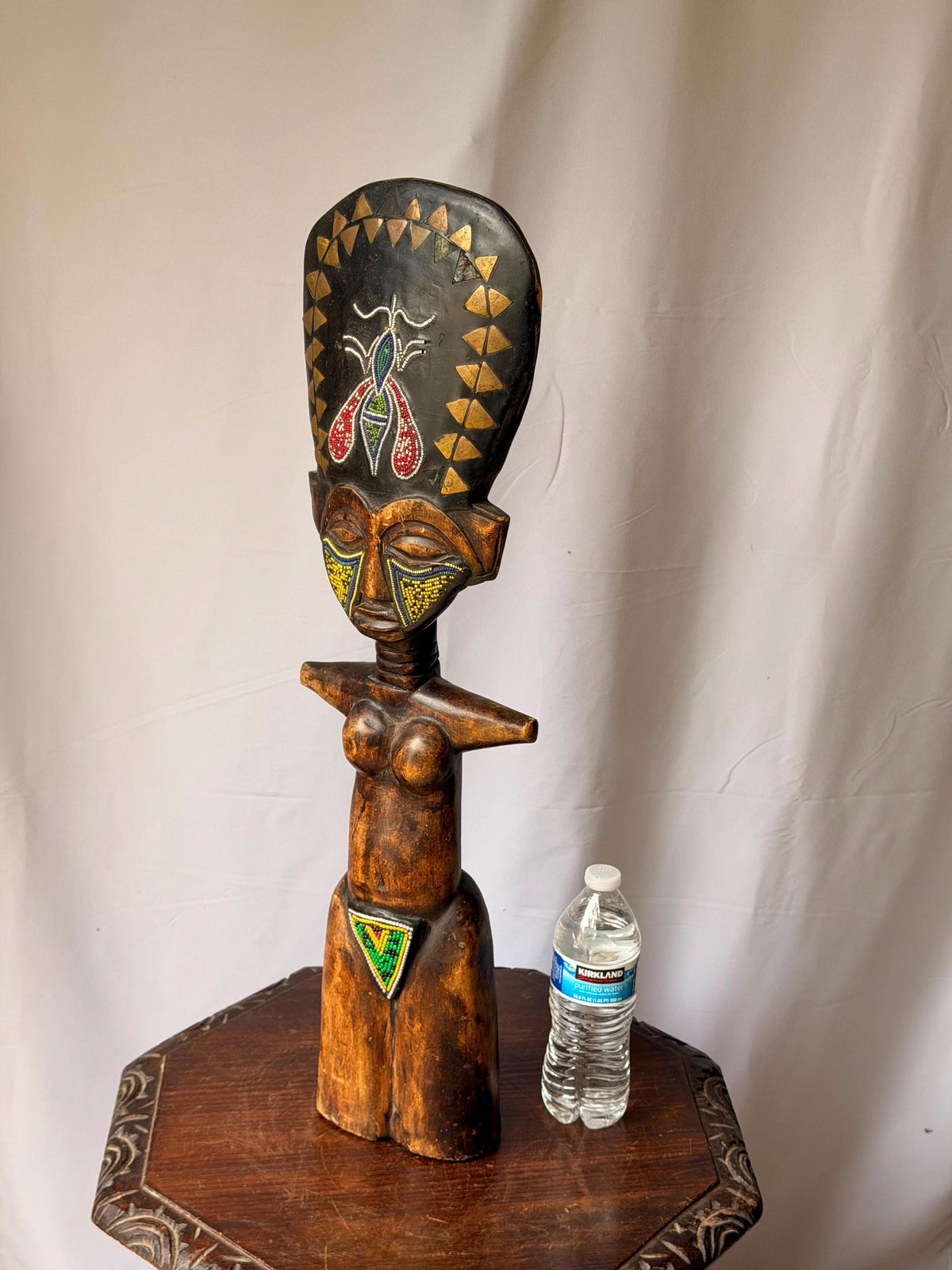 Vintage Large Ashanti Akua'ba Beaded Wood Figure West African Art 27"