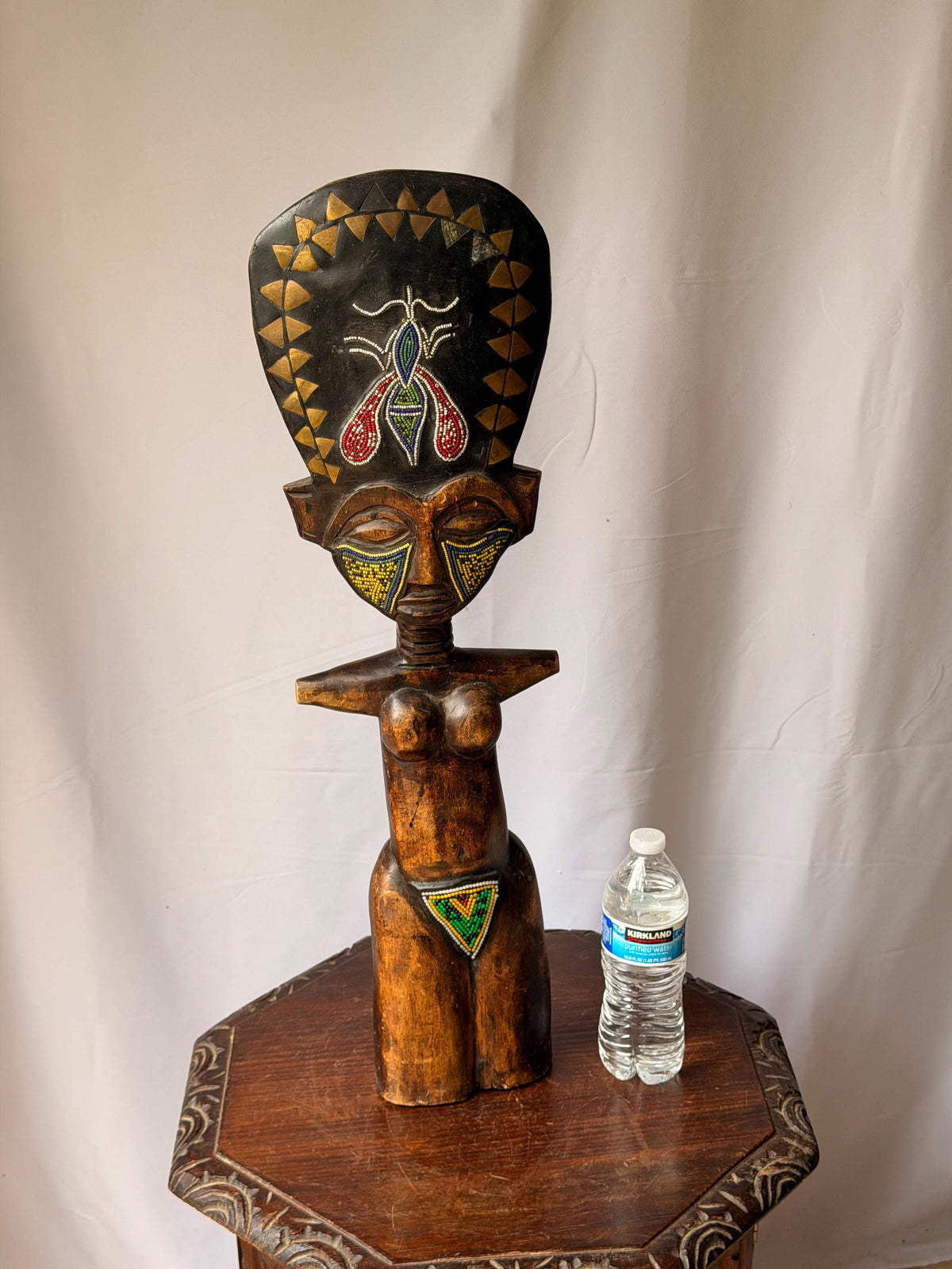 Vintage Large Ashanti Akua'ba Beaded Wood Figure West African Art 27"