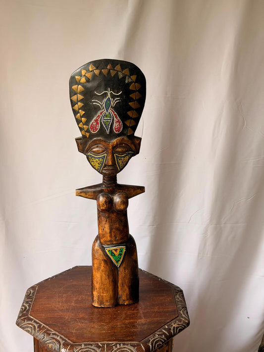 Vintage Large Ashanti Akua'ba Beaded Wood Figure West African Art 27"