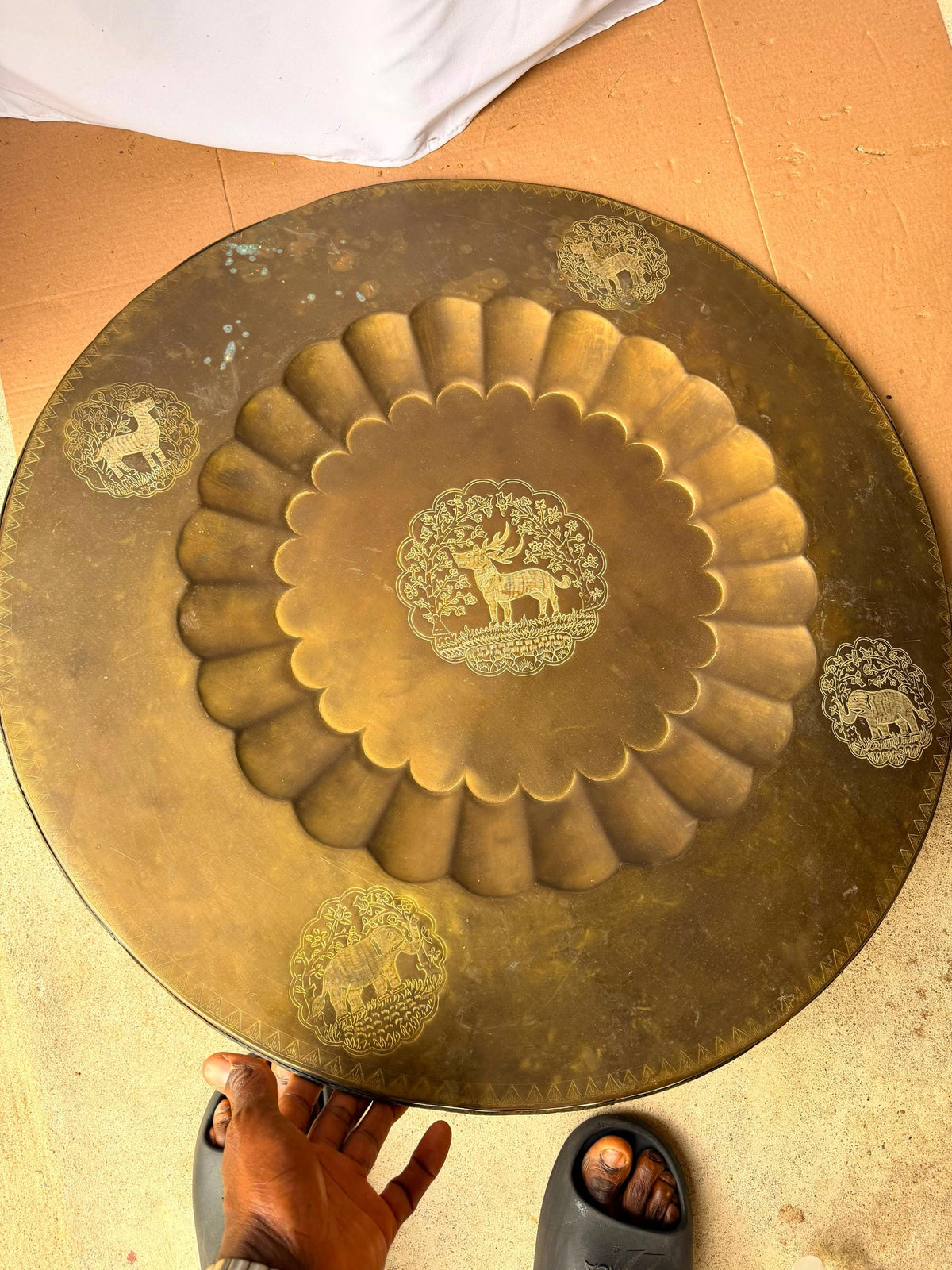 Vintage Indian Brass Tray Large 30" Engraved Animals Table Top Wall Platter