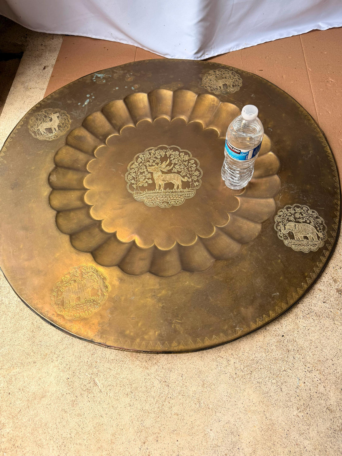 Vintage Indian Brass Tray Large 30" Engraved Animals Table Top Wall Platter