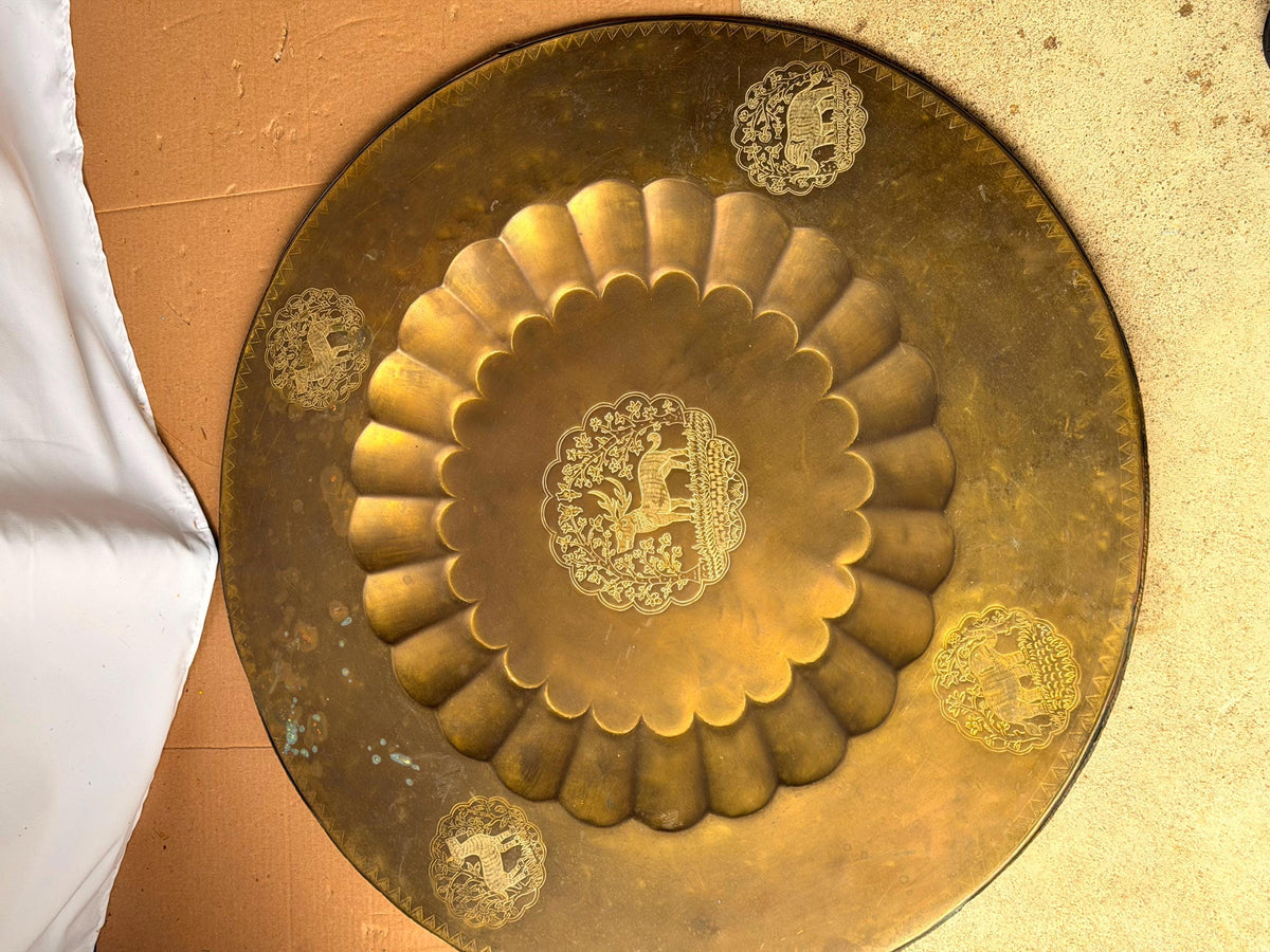 Vintage Indian Brass Tray Large 30" Engraved Animals Table Top Wall Platter