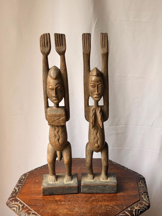 Vintage Dogon Wooden Carving African Ancestral Pair Nommo Statues 21"