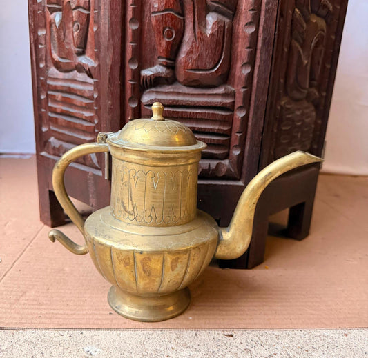Vintage Indian Brass Ewer Teapot Hand Engraved Mughal Style Aftaba Kettle