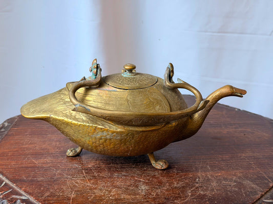 Vintage Indian Brass Swan Teapot Bird Shaped Hamsa Kettle Engraved Vessel