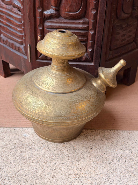 Vintage Brass Kendi Spouted Water Vessel Engraved Ewer Asian Folk Art