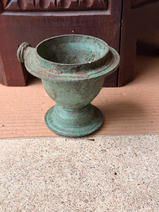 Vintage Cast Bronze Handheld Censer Ritual Incense Burner Verdigris Vessel