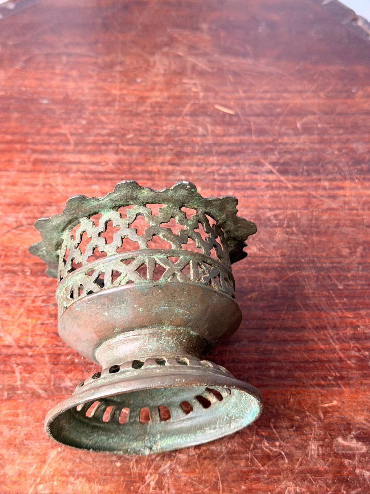 Vintage Cast Bronze Openwork Incense Burner Geometric Lattice Censer