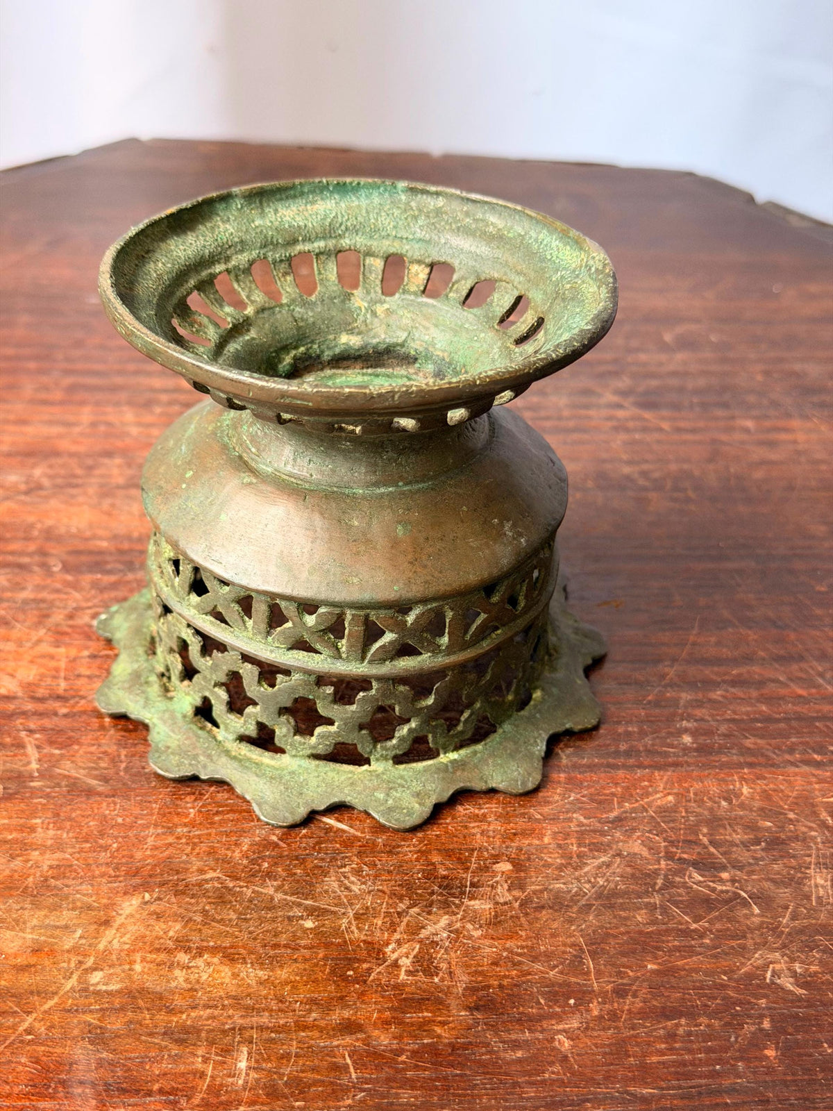 Vintage Cast Bronze Openwork Incense Burner Geometric Lattice Censer