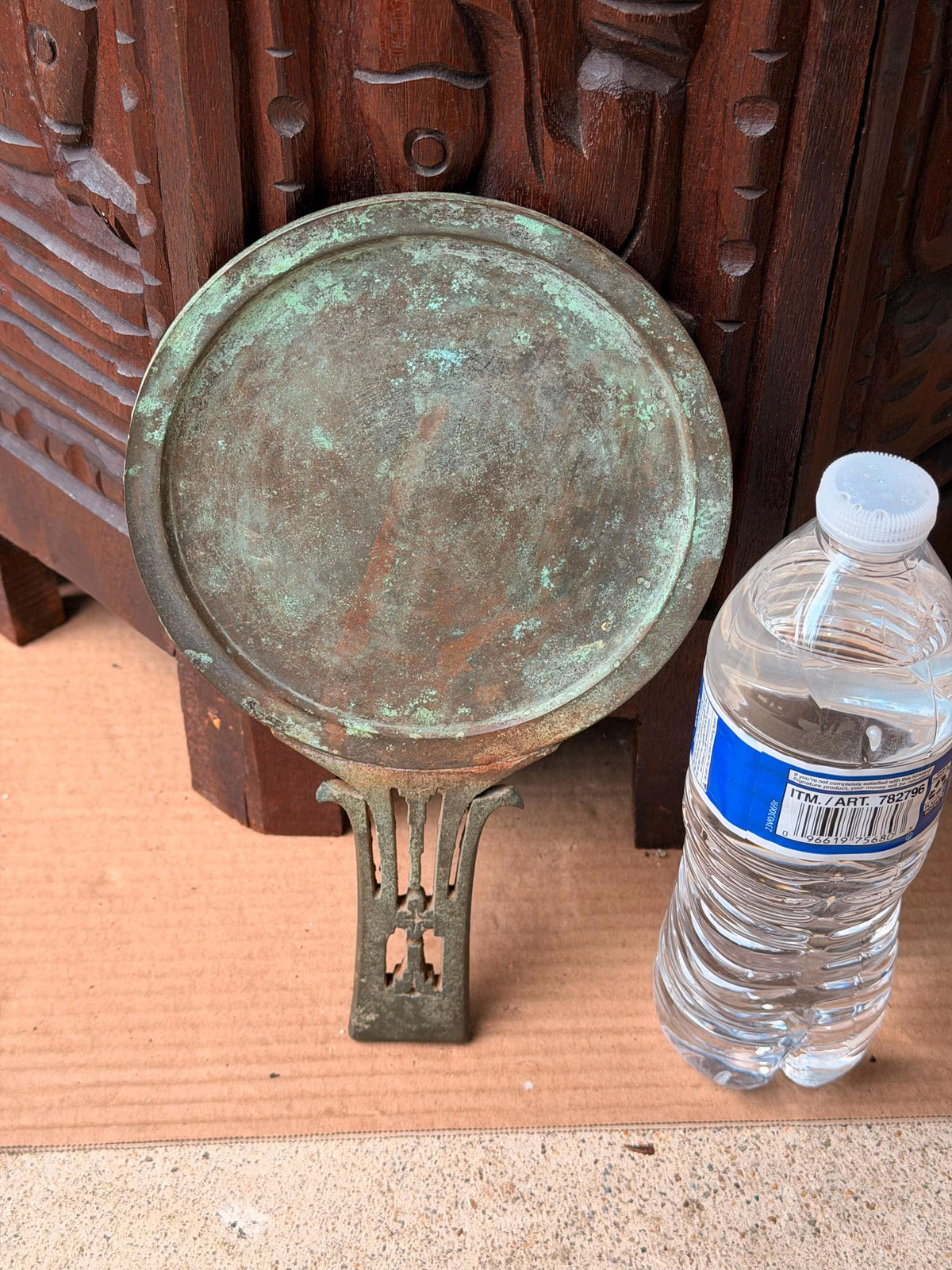 Vintage Cast Bronze Hand Mirror Ritual Vanity Reflective Disc Verdigris Accent