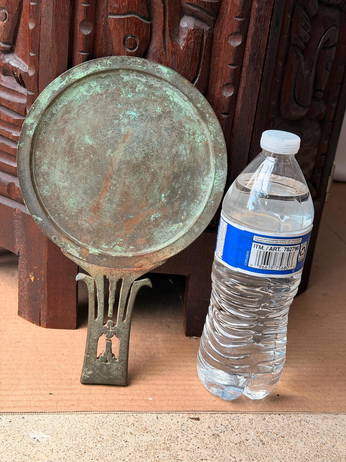 Vintage Cast Bronze Hand Mirror Ritual Vanity Reflective Disc Verdigris Accent