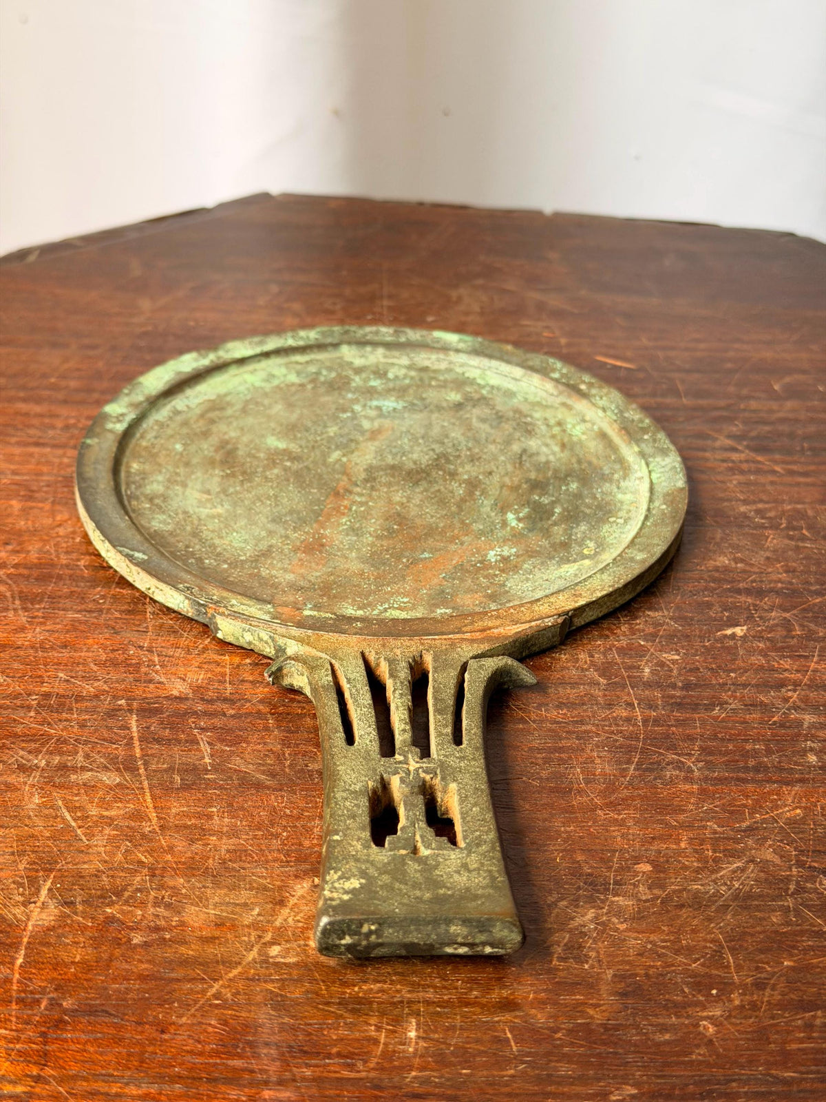 Vintage Cast Bronze Hand Mirror Ritual Vanity Reflective Disc Verdigris Accent