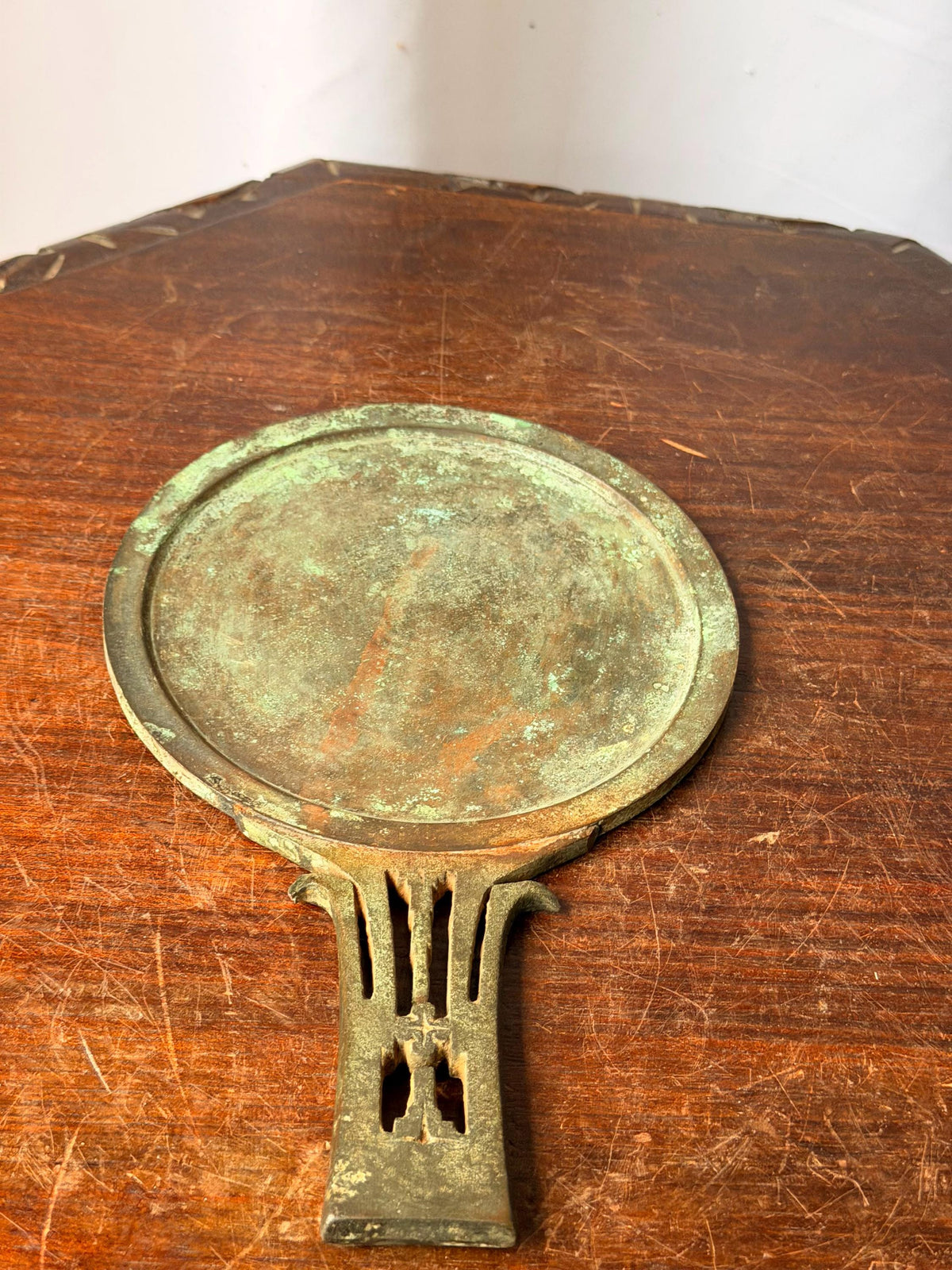 Vintage Cast Bronze Hand Mirror Ritual Vanity Reflective Disc Verdigris Accent