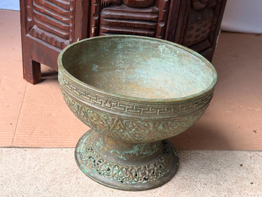 Vintage Cast Bronze Pedestal Bowl Chased Arabesque Centerpiece Verdigris Vessel
