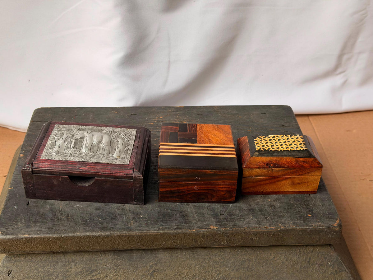 Set of 3 Vintage Wood Trinket Boxes Brass Inlay Parquetry Metal Elephant Art