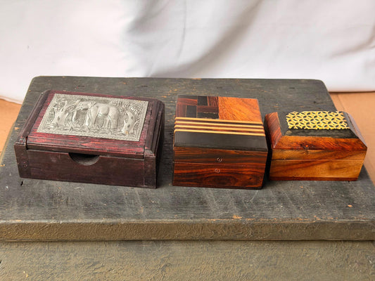 Set of 3 Vintage Wood Trinket Boxes Brass Inlay Parquetry Metal Elephant Art