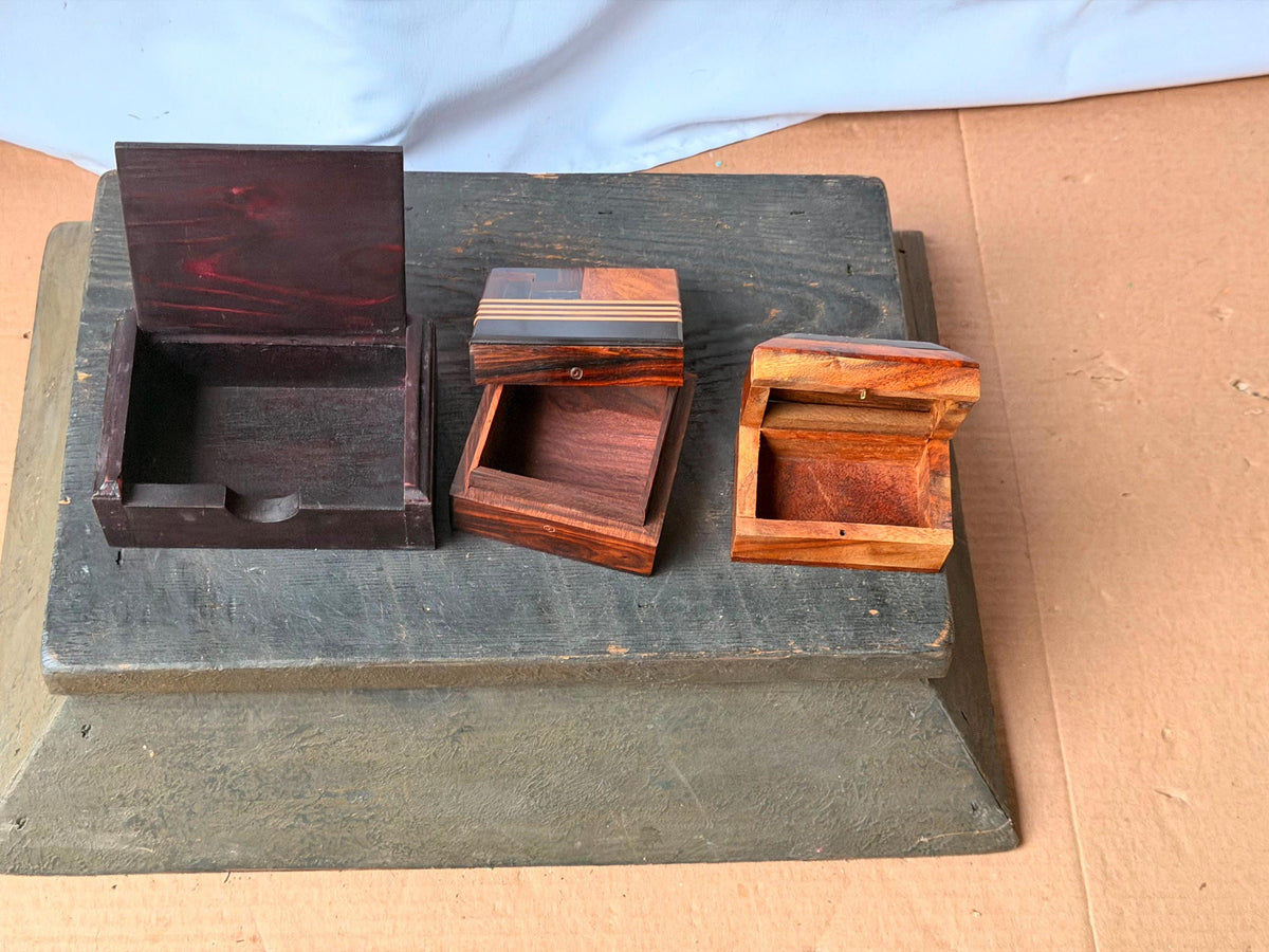 Set of 3 Vintage Wood Trinket Boxes Brass Inlay Parquetry Metal Elephant Art