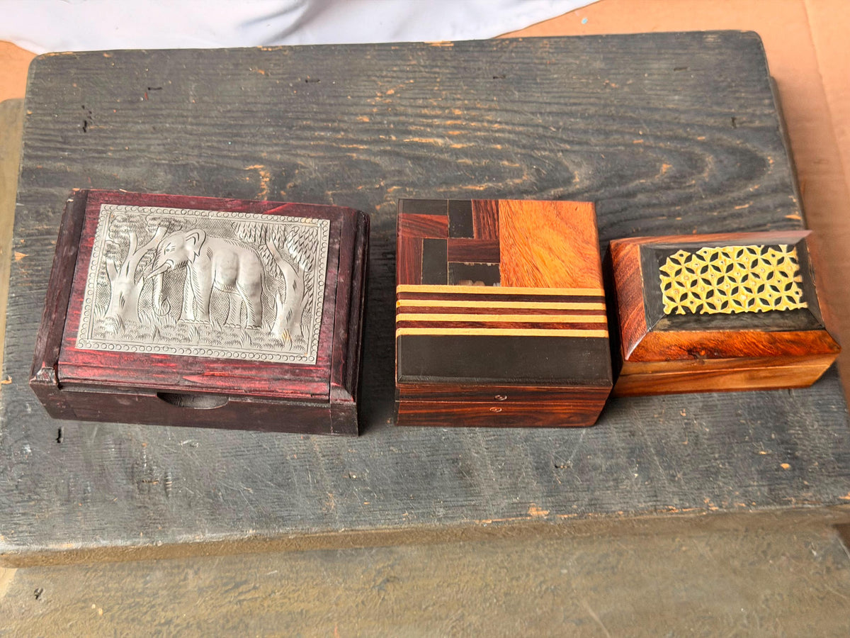 Set of 3 Vintage Wood Trinket Boxes Brass Inlay Parquetry Metal Elephant Art