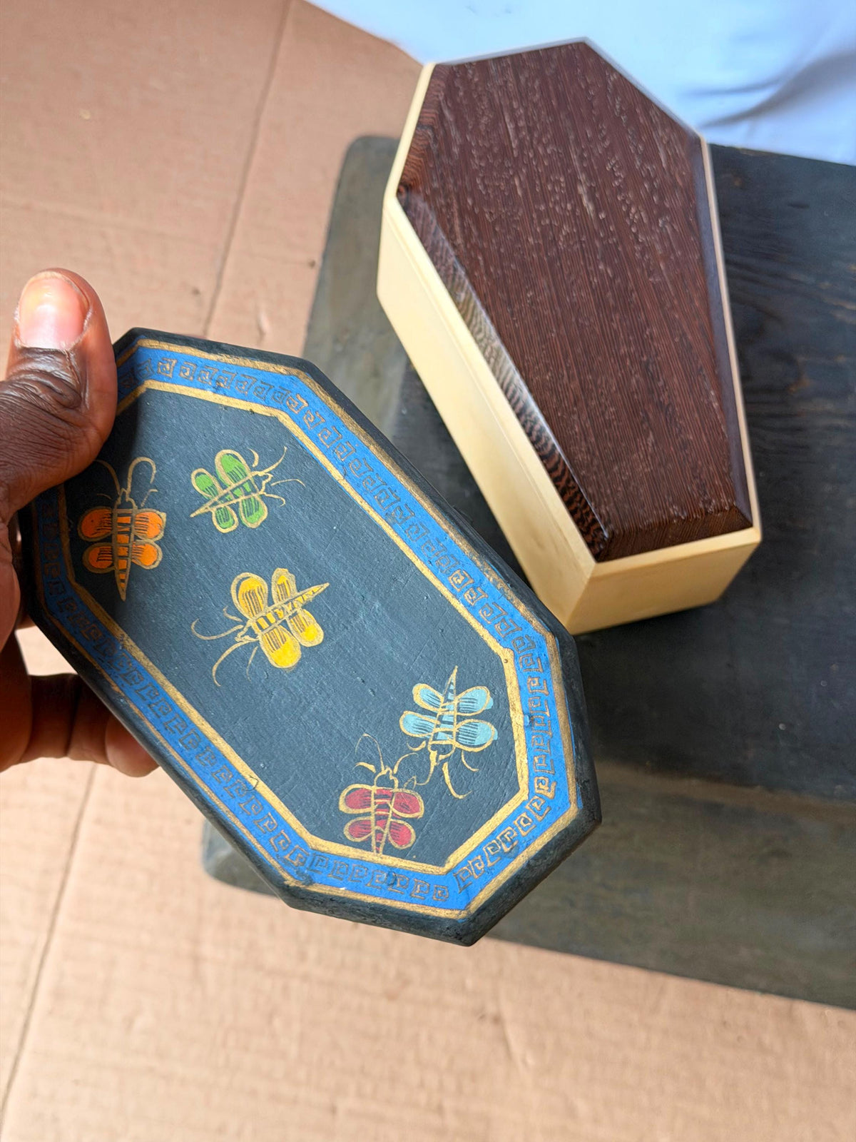 Set of 2 Vintage Handcrafted Exotic Wood Boxes Painted Bee Geometric 6.8"