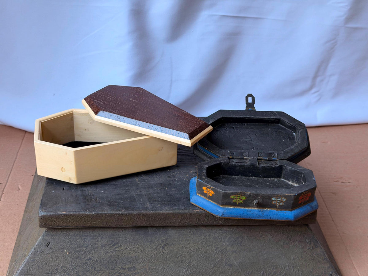 Set of 2 Vintage Handcrafted Exotic Wood Boxes Painted Bee Geometric 6.8"