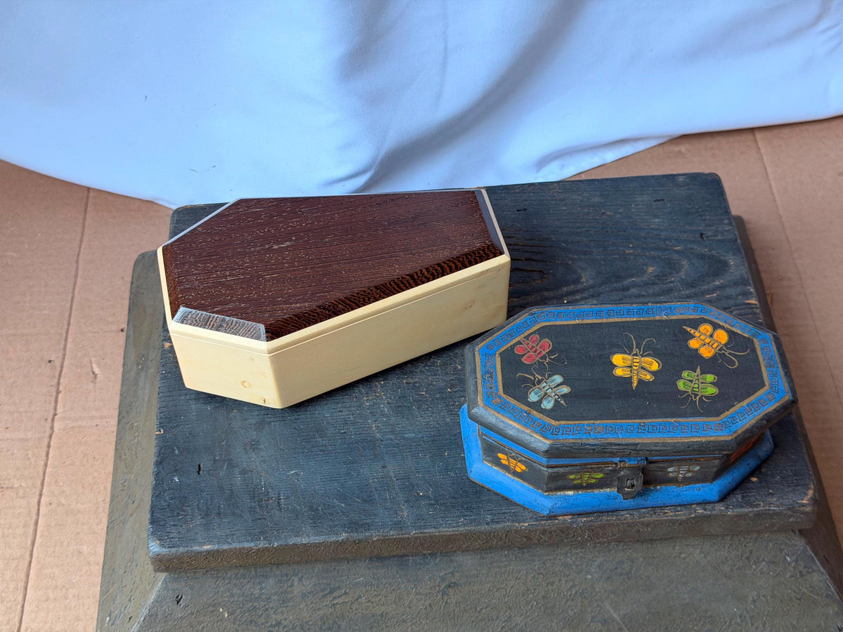 Set of 2 Vintage Handcrafted Exotic Wood Boxes Painted Bee Geometric 6.8"