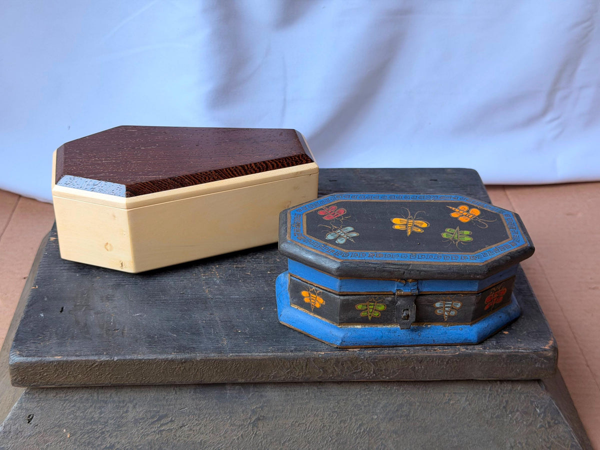Set of 2 Vintage Handcrafted Exotic Wood Boxes Painted Bee Geometric 6.8"