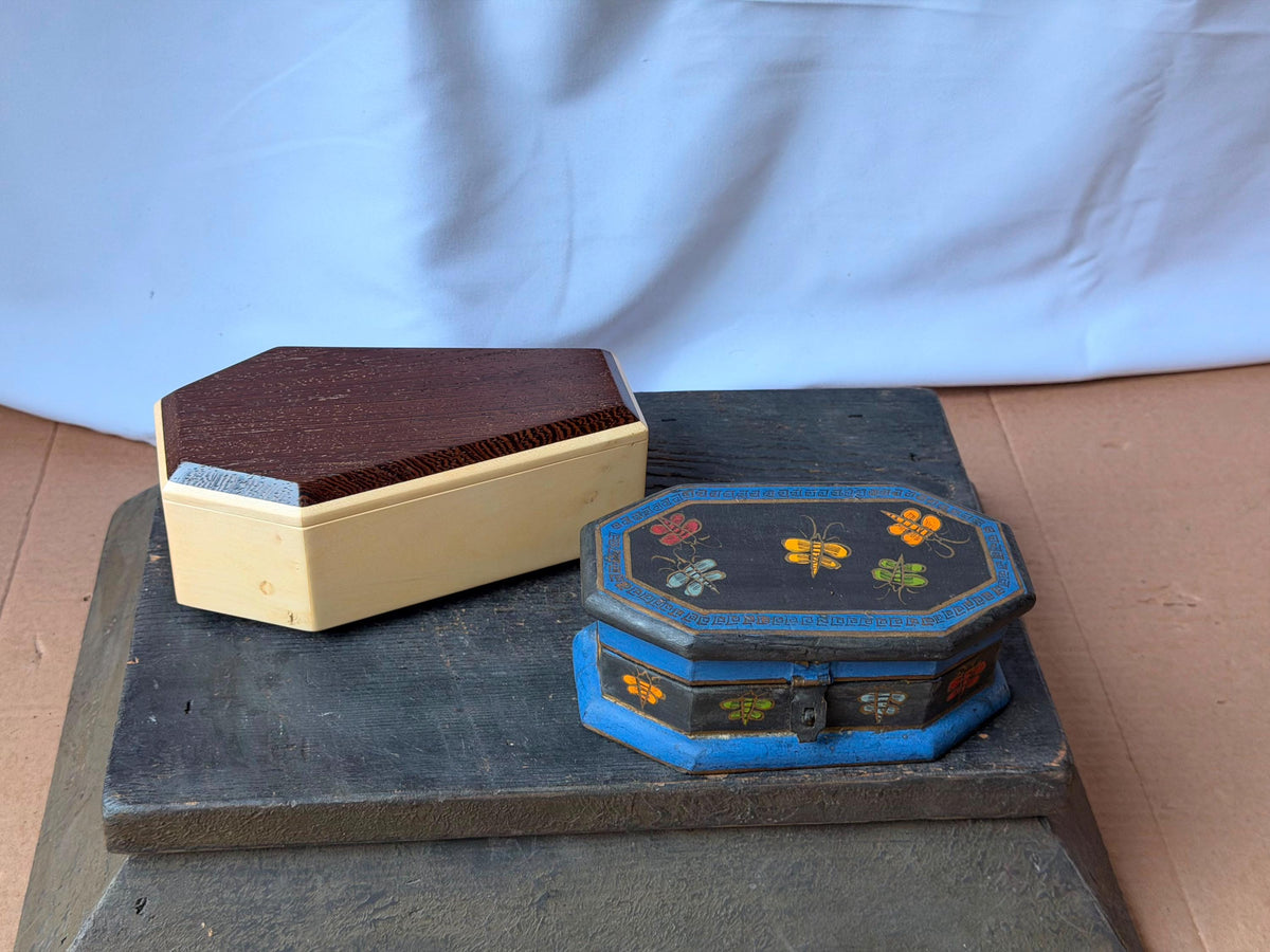 Set of 2 Vintage Handcrafted Exotic Wood Boxes Painted Bee Geometric 6.8"