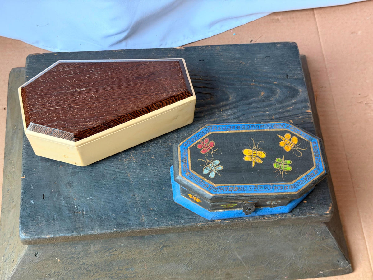 Set of 2 Vintage Handcrafted Exotic Wood Boxes Painted Bee Geometric 6.8"