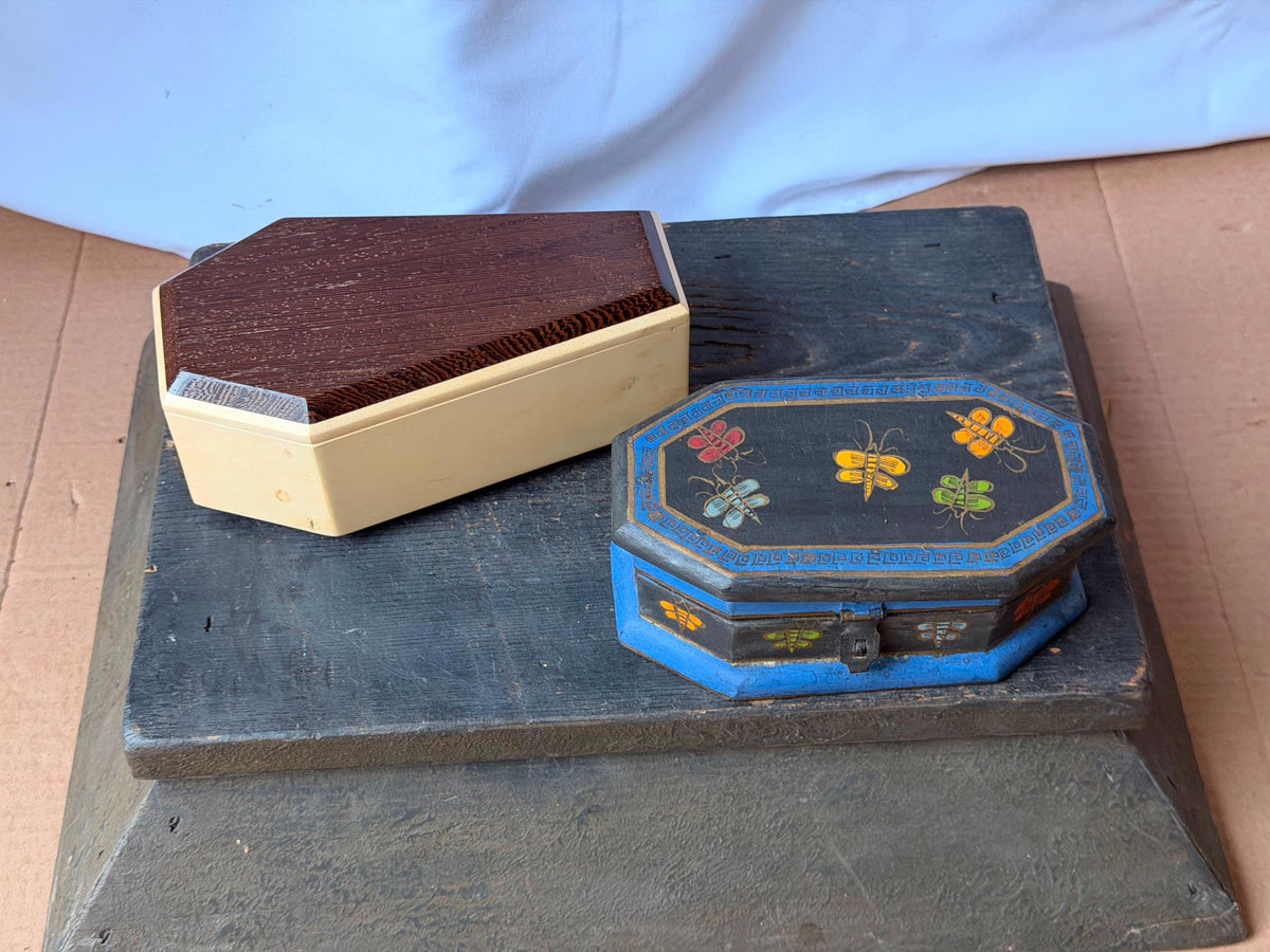 Set of 2 Vintage Handcrafted Exotic Wood Boxes Painted Bee Geometric 6.8"