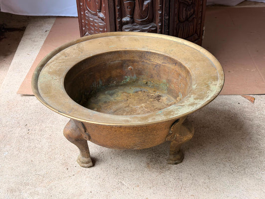 Vintage Cast Brass Tripod Basin 13.5" Wide Footed Centerpiece Vessel Urli