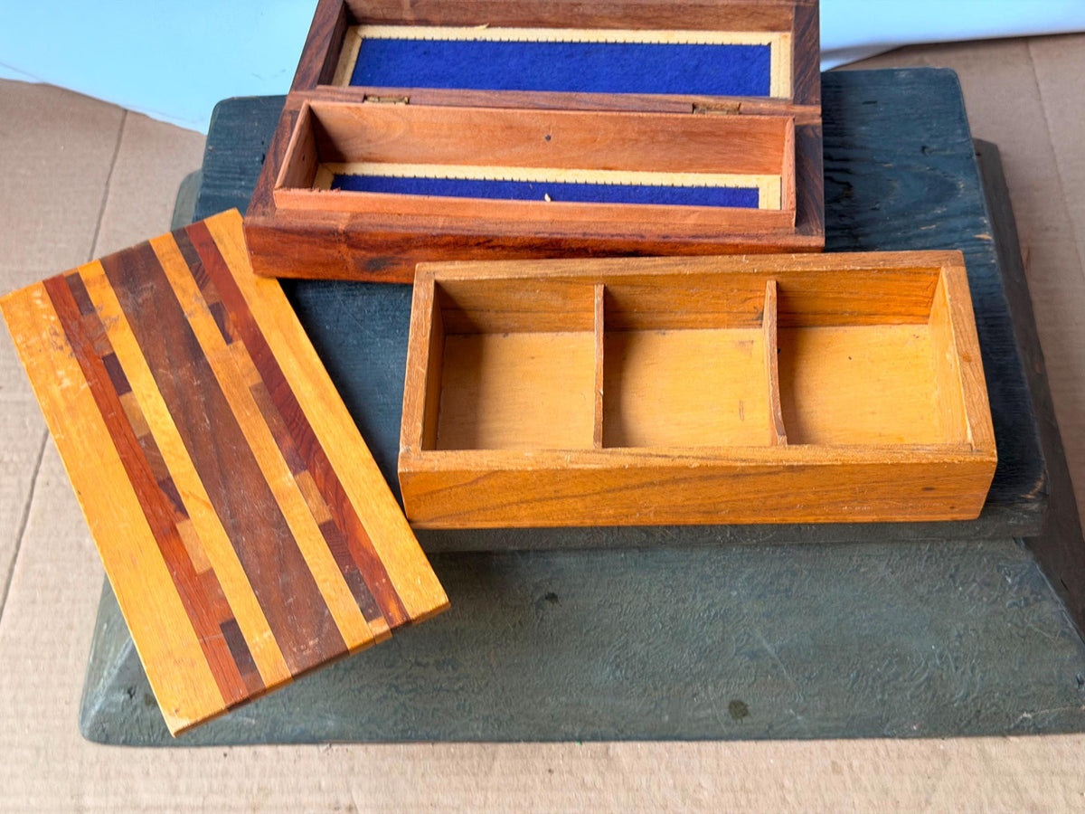 Vintage Wooden Desk Organizer Boxes Set of 2 Striped Parquetry Brass Inlay 8.8"
