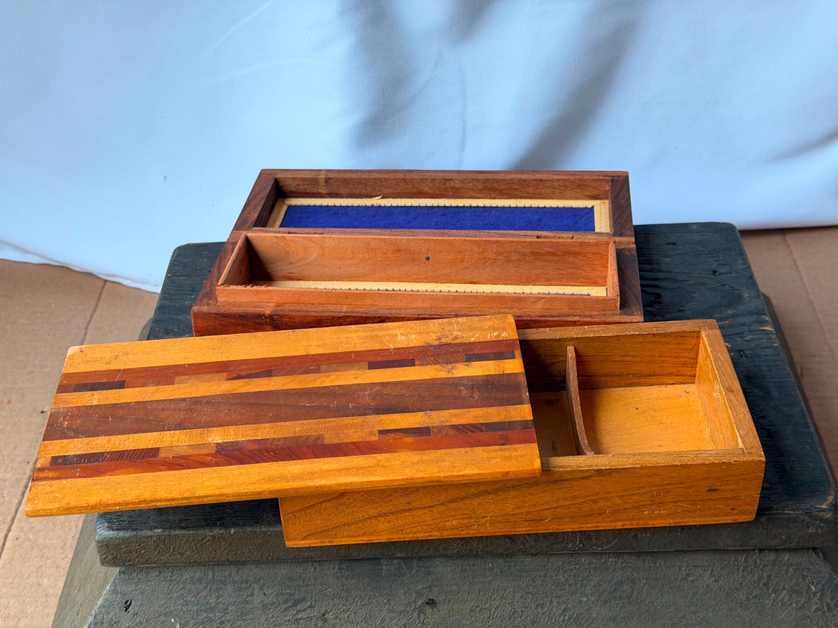 Vintage Wooden Desk Organizer Boxes Set of 2 Striped Parquetry Brass Inlay 8.8"