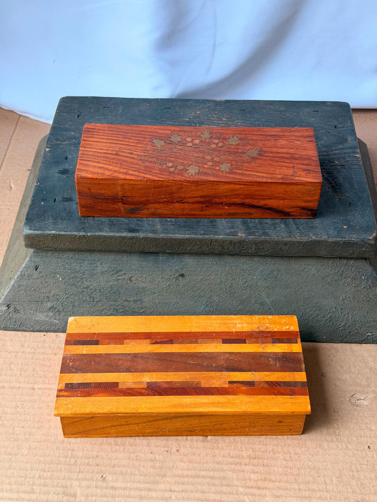 Vintage Wooden Desk Organizer Boxes Set of 2 Striped Parquetry Brass Inlay 8.8"
