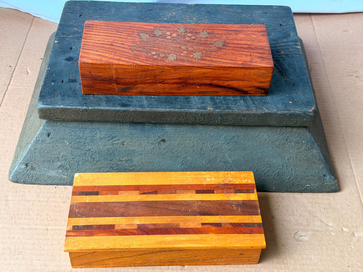 Vintage Wooden Desk Organizer Boxes Set of 2 Striped Parquetry Brass Inlay 8.8"