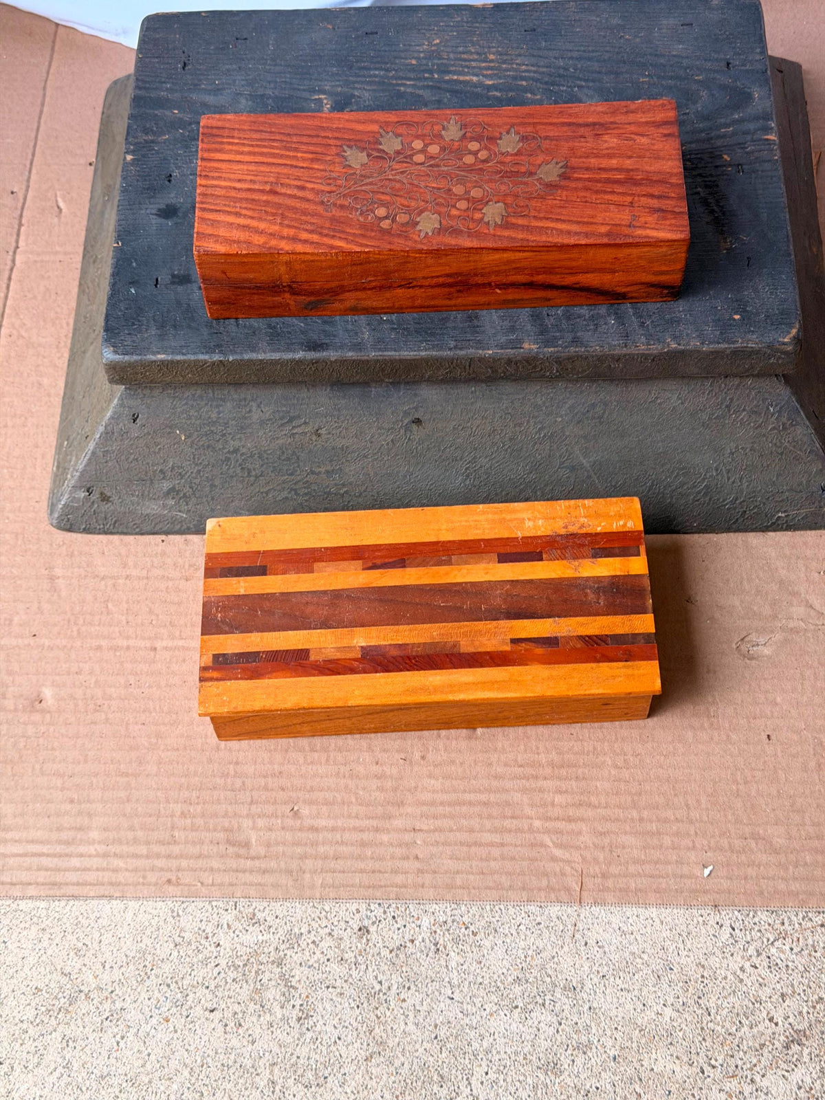 Vintage Wooden Desk Organizer Boxes Set of 2 Striped Parquetry Brass Inlay 8.8"
