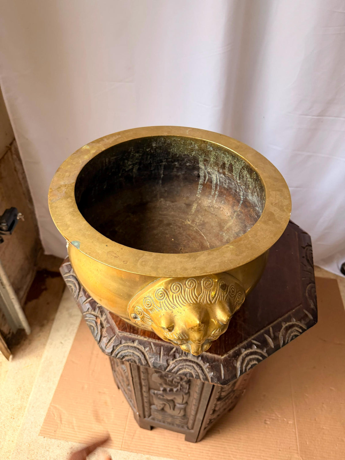 Vintage Cast Brass Beast Mask Censer Basin Large Planter Cachepot 15.5"