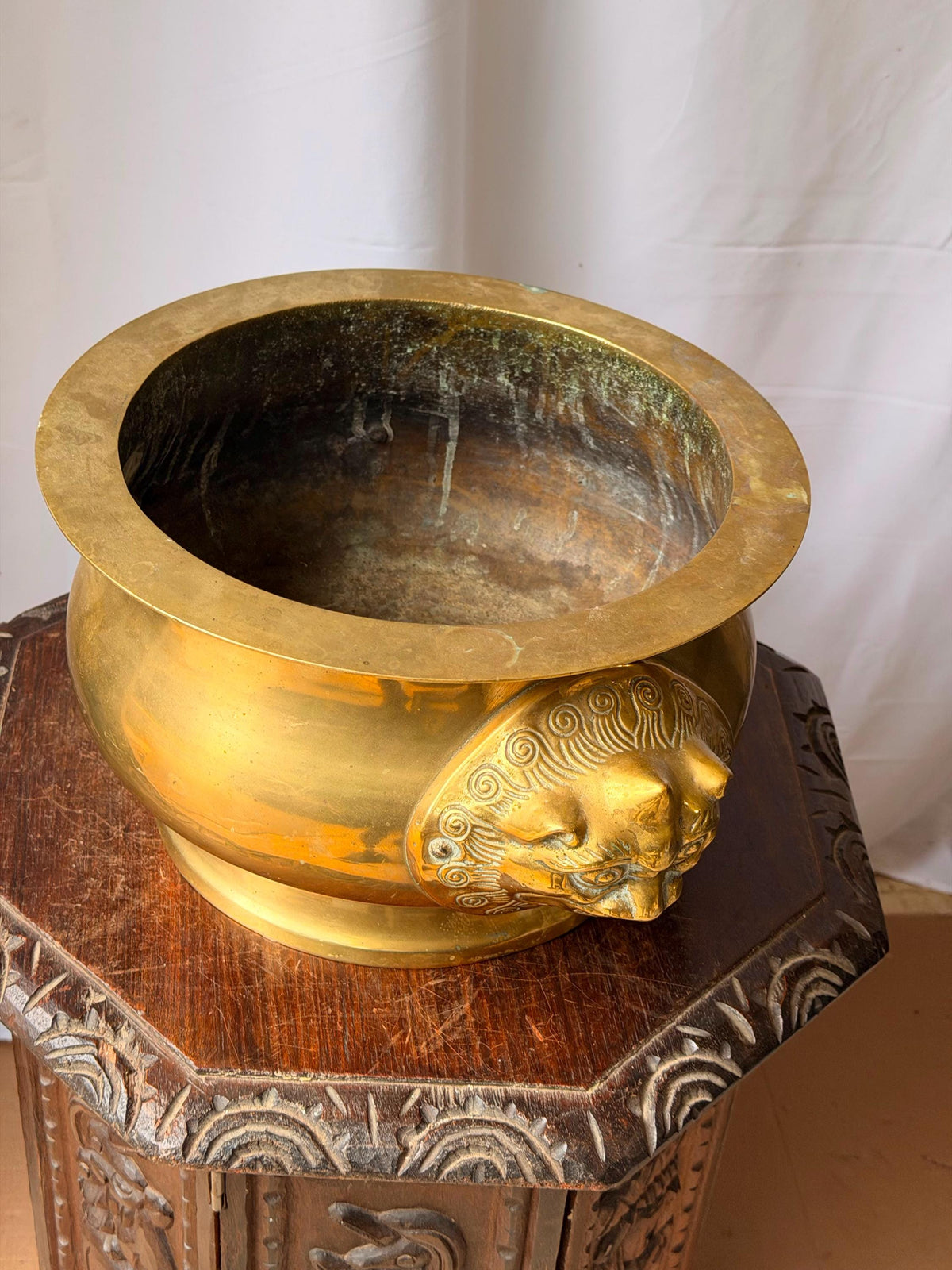 Vintage Cast Brass Beast Mask Censer Basin Large Planter Cachepot 15.5"