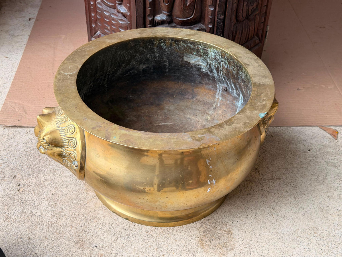Vintage Cast Brass Beast Mask Censer Basin Large Planter Cachepot 15.5"