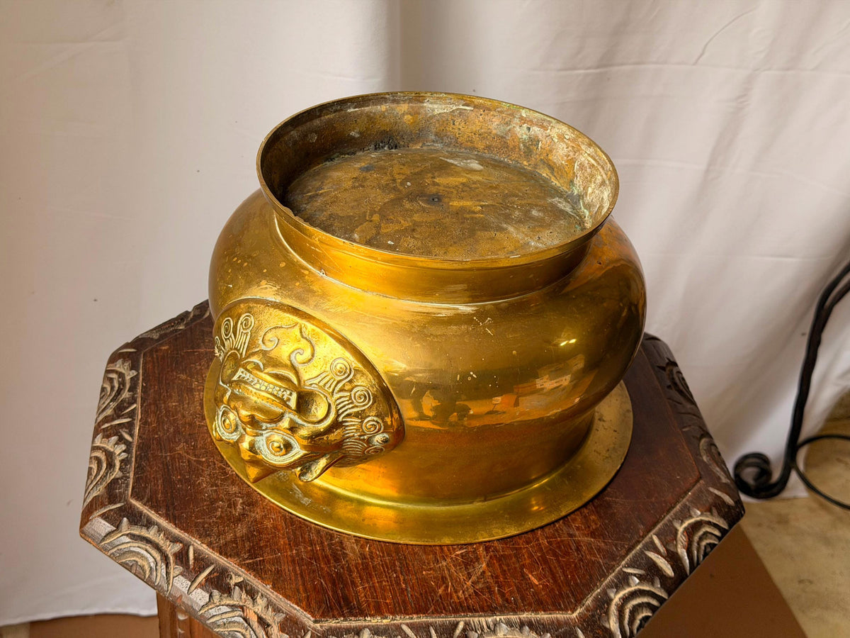 Vintage Cast Brass Beast Mask Censer Basin Large Planter Cachepot 15.5"