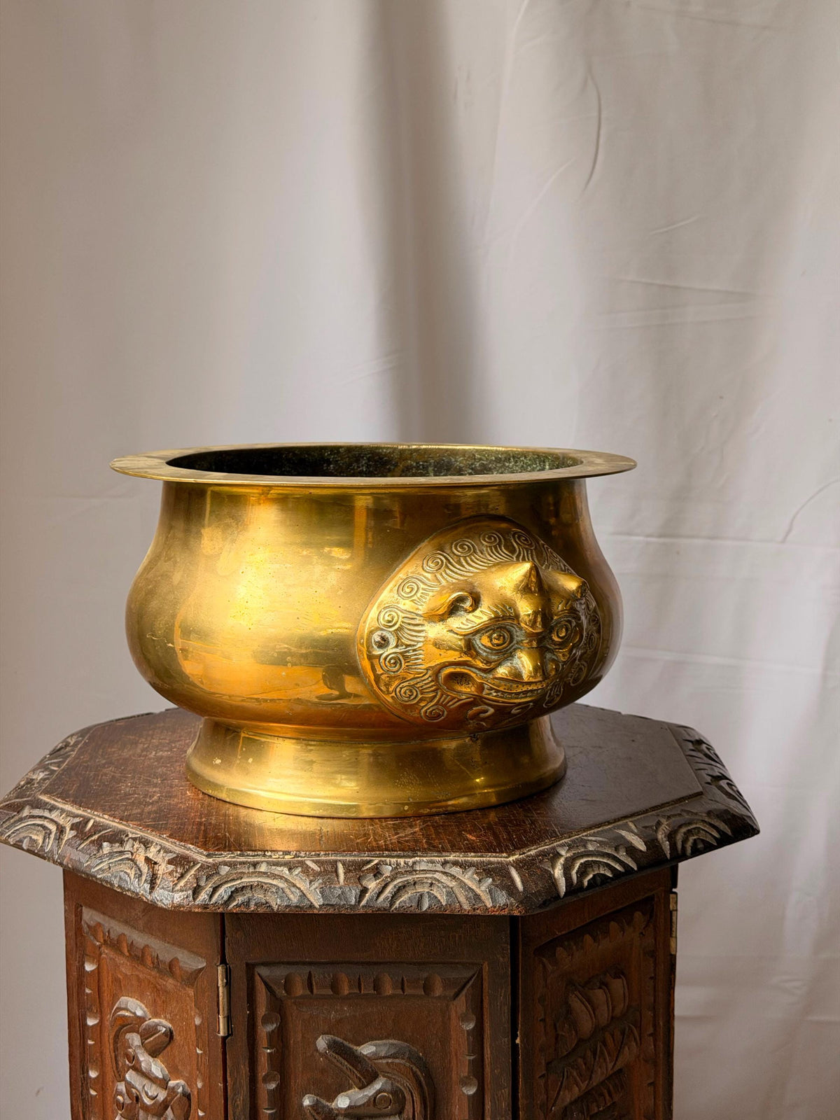 Vintage Cast Brass Beast Mask Censer Basin Large Planter Cachepot 15.5"