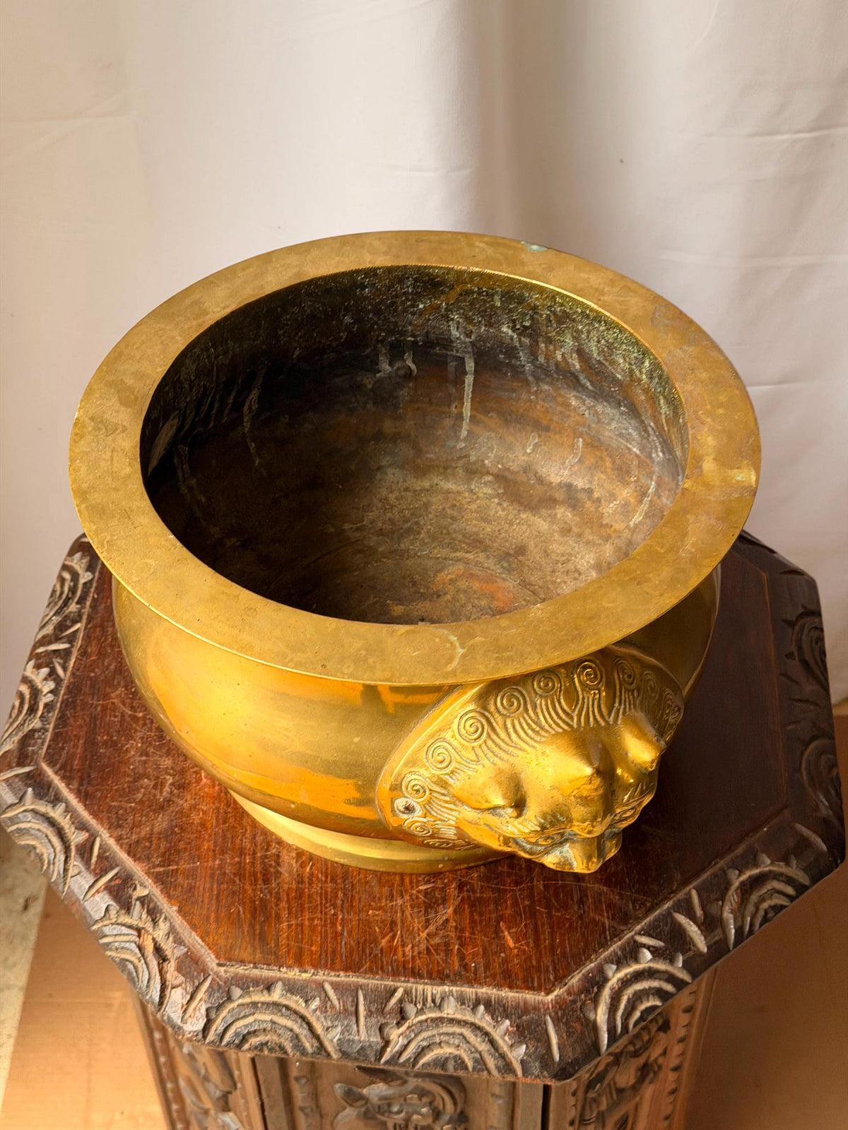 Vintage Cast Brass Beast Mask Censer Basin Large Planter Cachepot 15.5"