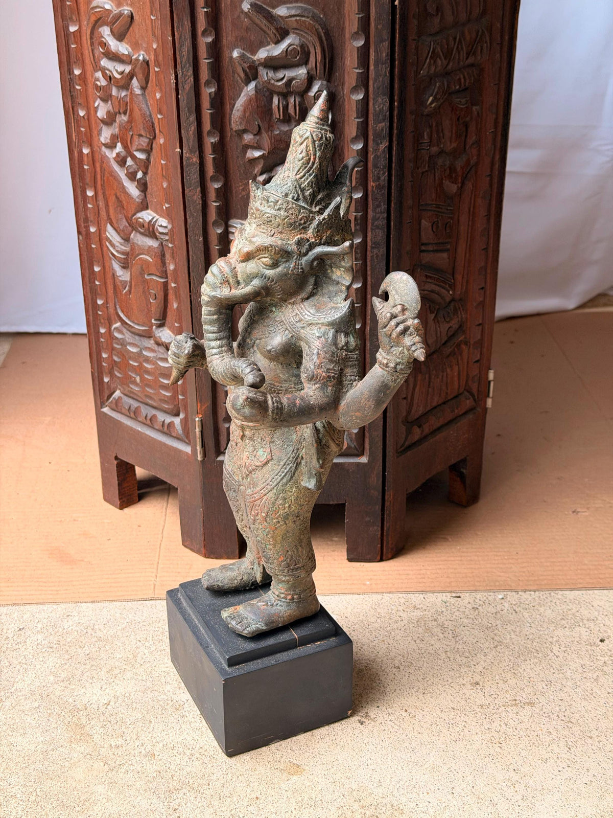 Vintage Cast Bronze Ganesha Statue Standing Four Armed Southeast Asian Deity 14"