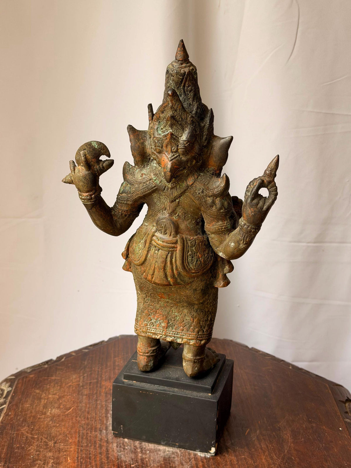Vintage Cast Bronze Ganesha Statue Standing Four Armed Southeast Asian Deity 14"