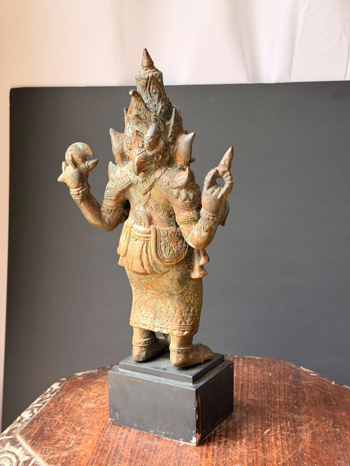 Vintage Cast Bronze Ganesha Statue Standing Four Armed Southeast Asian Deity 14"