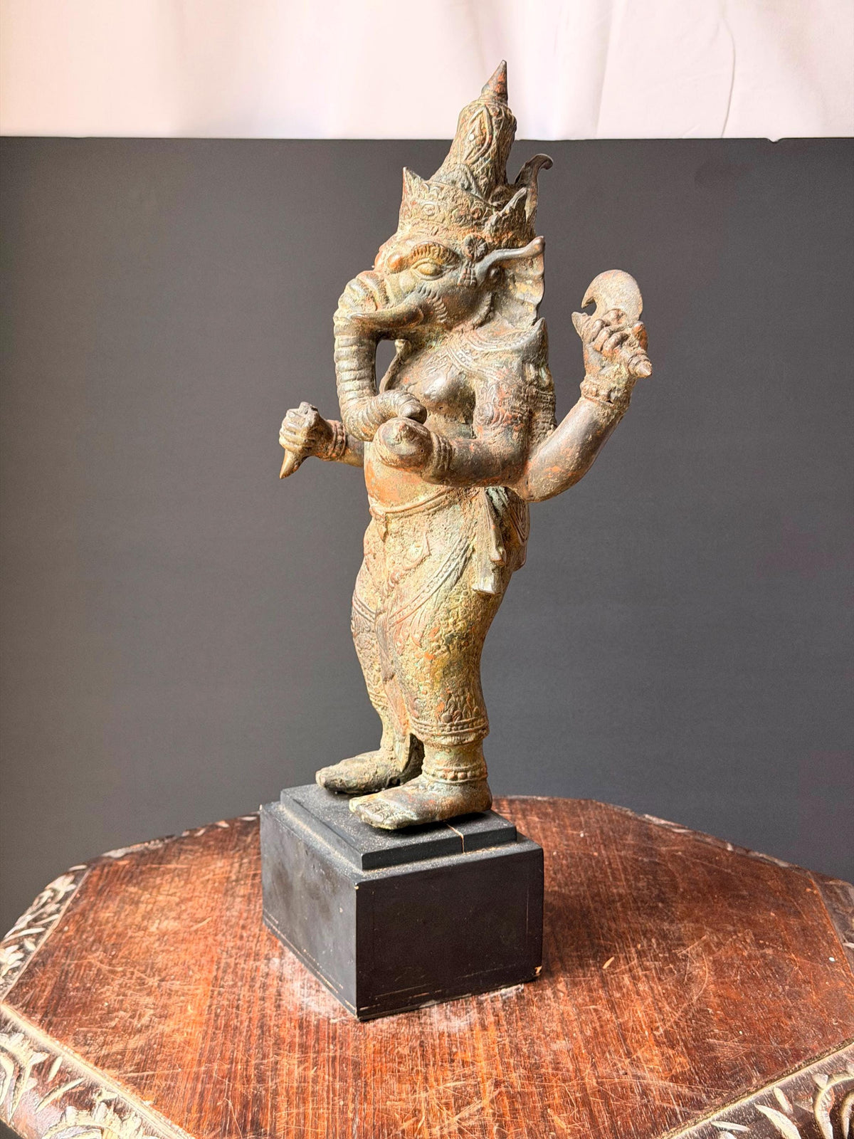 Vintage Cast Bronze Ganesha Statue Standing Four Armed Southeast Asian Deity 14"