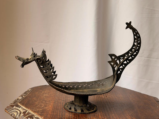Vintage Sumatra Indonesian Brass Naga Boat Receptacle Krui Vessel 13.5"